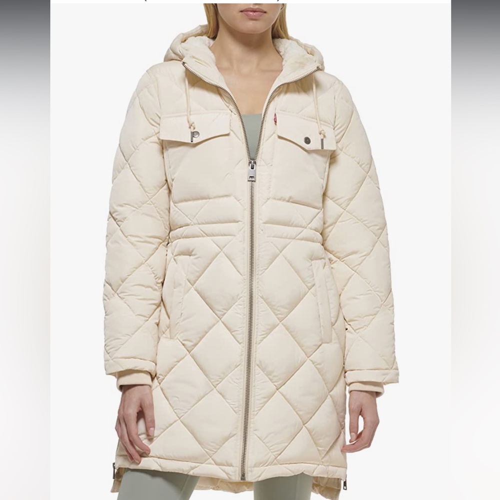 Levi's Women's Soft Sherpa Lined Diamond Quilted Long Parka Jacket XL Cream